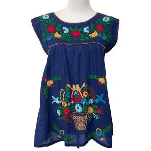 SIREN Embroidered Mexican Oaxacan Top Blue & Multicolor Cotton Gauze Blouse Sz S